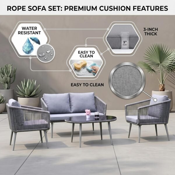 LOCCUS Outdoor 4-Seater Sofa Set with Glass Top Table & Water-Repellent Cushions - Image 4
