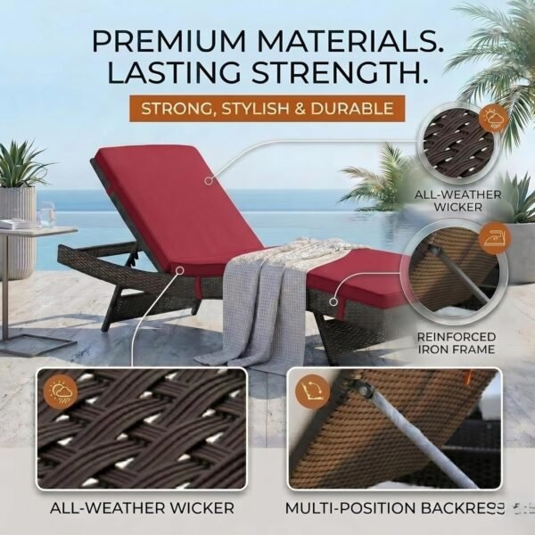 Poolside wicker recliner set with red cushions, landscaped greenery, palm trees, and luxury residential setting.