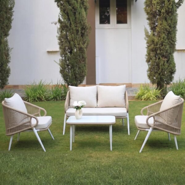 Balcony & Terrace Rope Sofa Set, LOCCUS 4-piece outdoor furniture with waterproof cushions and glass table.