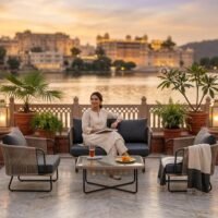 LOCCUS Outdoor 4-Seater Rope Sofa Set in Beige & Dark Grey, with all-weather water-resistant cushions and glass top square center table, ideal for garden, patio, or poolside seating.
