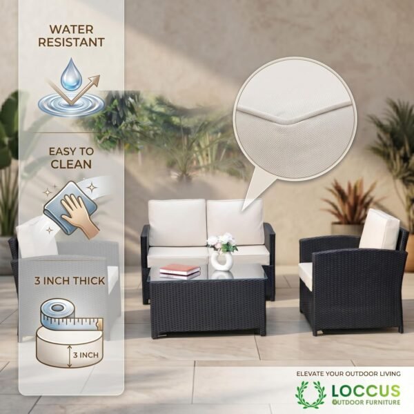 LOCCUS 4-piece patio furniture set crafted with black rattan and off-white cushions. Includes sofa, cushioned chairs, and center coffee table. Weather-resistant design ensures durability, making it perfect for backyard, garden, or balcony seating. Provides modern comfort and style for outdoor living spaces.