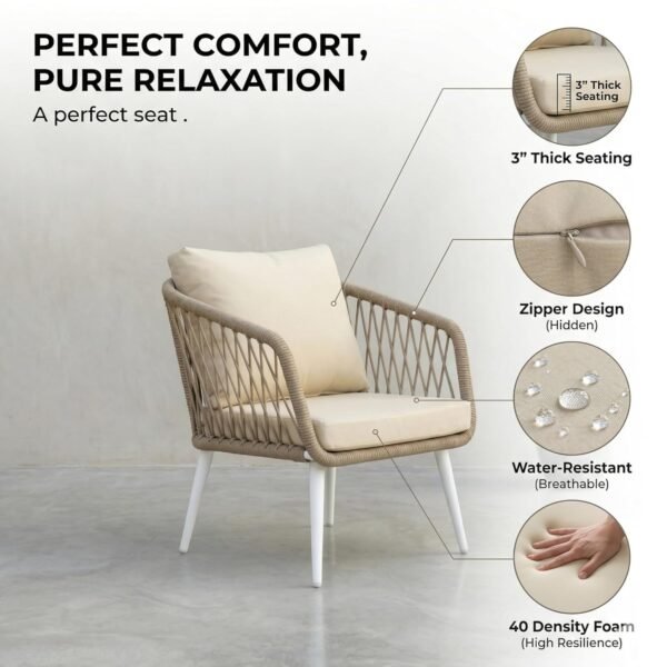 Garden Patio Rope Sofa Set, LOCCUS 4-seater outdoor furniture with water-repellent cushions and table.