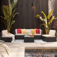 LOCCUS 4-Piece Patio Furniture Set in Beige, outdoor sectional rattan wicker sofa with washable cushions and glass center table, ideal for porch, lawn, garden, or backyard.