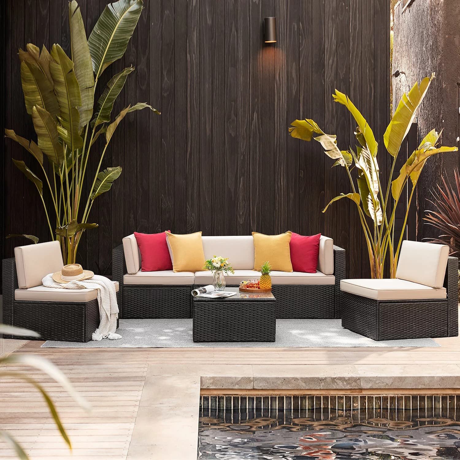 LOCCUS 4-Piece Patio Furniture Set in Beige, outdoor sectional rattan wicker sofa with washable cushions and glass center table, ideal for porch, lawn, garden, or backyard.
