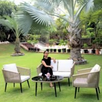 LOCCUS Outdoor 4 Seater Rope Sofa Set in beige and off-white, featuring durable handwoven rope design, sturdy metal frame, and all-weather resistant cushions. Includes a stylish glass top center table, perfect for garden, patio, poolside, or balcony use. Comfortable seating with water-repellent cushions ensures long-lasting outdoor enjoyment.