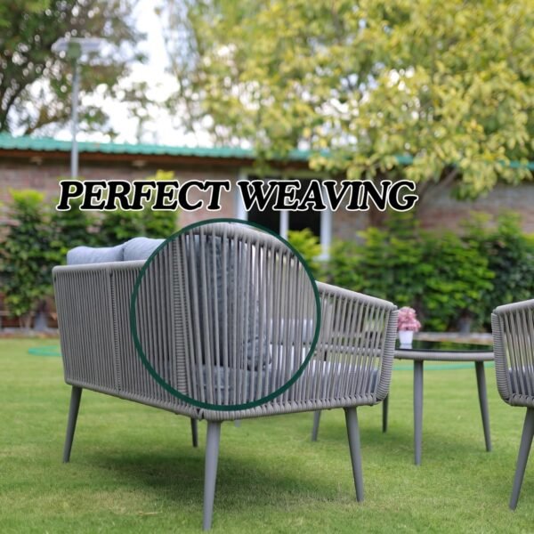 Modern LOCCUS Rope Sofa Set with four seats, grey cushions, durable metal frame, and handwoven rope detailing. Includes a glass top table, perfect for outdoor comfort in gardens, patios, poolside decks, and balconies.