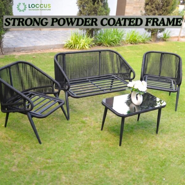 Modern LOCCUS Rope Sofa Set with four seats, black and beige cushions, durable metal frame, and handwoven rope detailing. Includes a glass top coffee table, perfect for outdoor comfort in gardens, patios, poolside decks, and balconies.