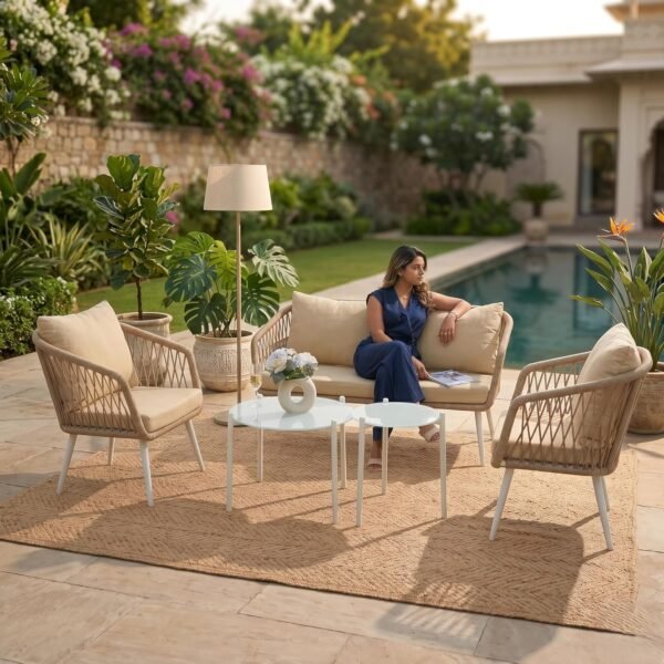 LOCCUS Outdoor Rope 4-Seater Sofa Set with Beige & Off-White Cushions, Glass Top Table, durable metal frame, perfect for garden, patio, pool deck, or balcony seating.