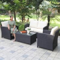 LOCCUS 4-piece outdoor wicker patio furniture set with black rattan sofa, cushioned chairs, and center coffee table. Includes off-white weather-resistant cushions for comfort. Perfect for backyard, garden, or balcony use, this durable set blends modern style with functionality for outdoor relaxation and entertaining.