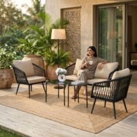 LOCCUS Outdoor Rope 4-Seater Sofa Set in black and beige with water-repellent cushions, durable metal frame, and handwoven rope design. Includes a glass top center table, perfect for garden, patio, poolside, or balcony outdoor furniture.