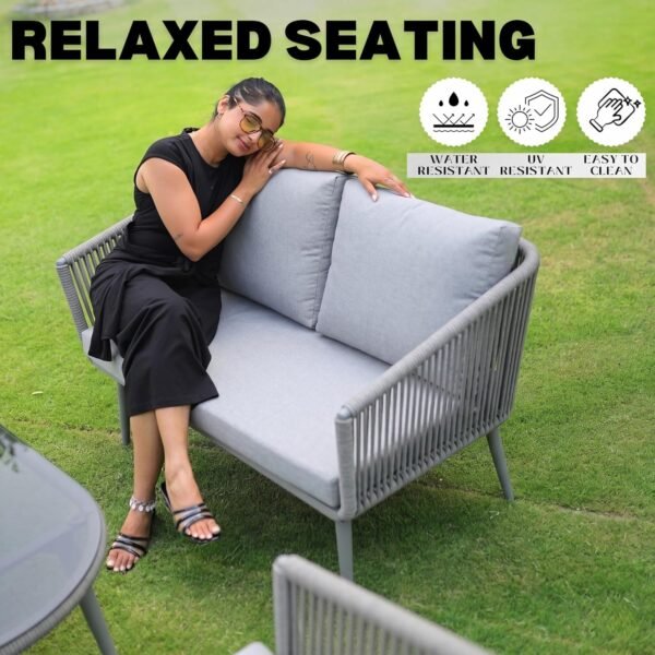 LOCCUS Outdoor Rope Sofa Set with four seats, grey cushions, durable metal frame, and handwoven rope design. Features a glass top table, suitable for outdoor use in gardens, patios, pool decks, and balconies.