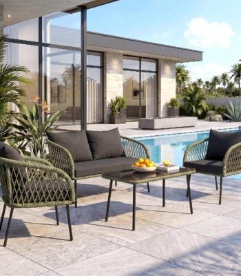 Loccus 4-Seater Outdoor Sofa Set with Handwoven Rope Design, Water-Repellent Cushions and Glass Top Center Table for Garden, Balcony, Patio and Poolside Seating (Green & Black)