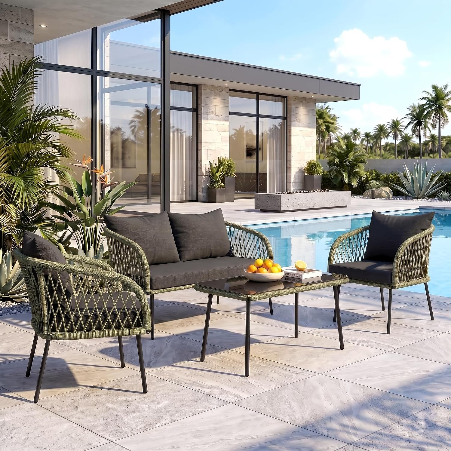 Loccus 4-Seater Outdoor Sofa Set with Handwoven Rope Design, Water-Repellent Cushions and Glass Top Center Table for Garden, Balcony, Patio and Poolside Seating (Green & Black)