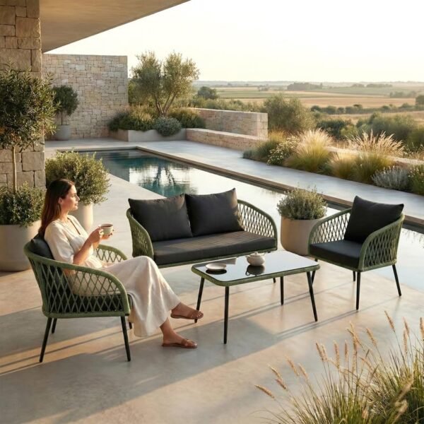 Loccus Green handwoven rope outdoor sofa set with black cushions and glass-top coffee table beside a luxury pool, featuring two armchairs and a three-seater sofa.