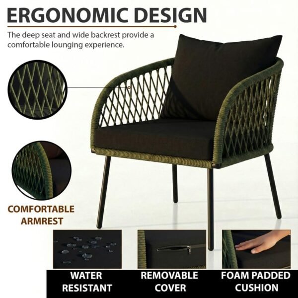 Loccus Outdoor Rope Armchair with Handwoven Design, Foam-Padded Cushion, Removable Water-Resistant Cover and Comfortable Armrests for Garden, Balcony, Patio and Terrace.