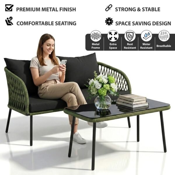 2-Seater Outdoor Sofa Set with Handwoven Rope Design, Water-Resistant Cushions and Tempered Glass Top Center Table for Garden, Balcony, Patio and Terrace