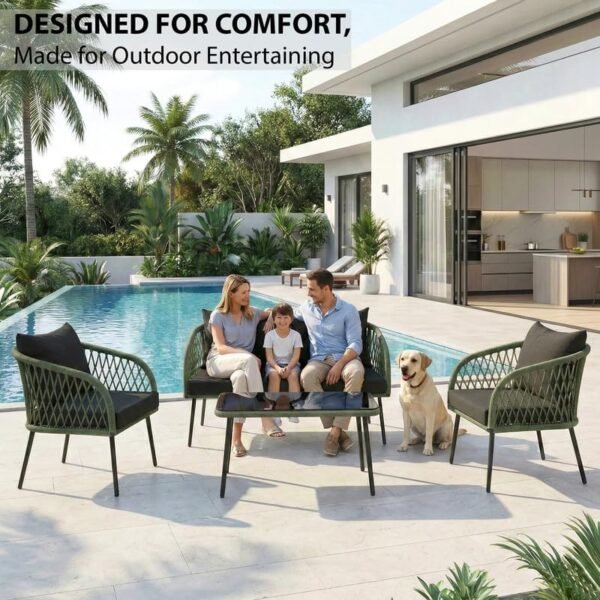Loccus 4-Seater Outdoor Sofa Set with Handwoven Rope Design, Water-Resistant Cushions and Tempered Glass Top Center Table, Green and Black, arranged by a poolside garden for comfortable outdoor seating.