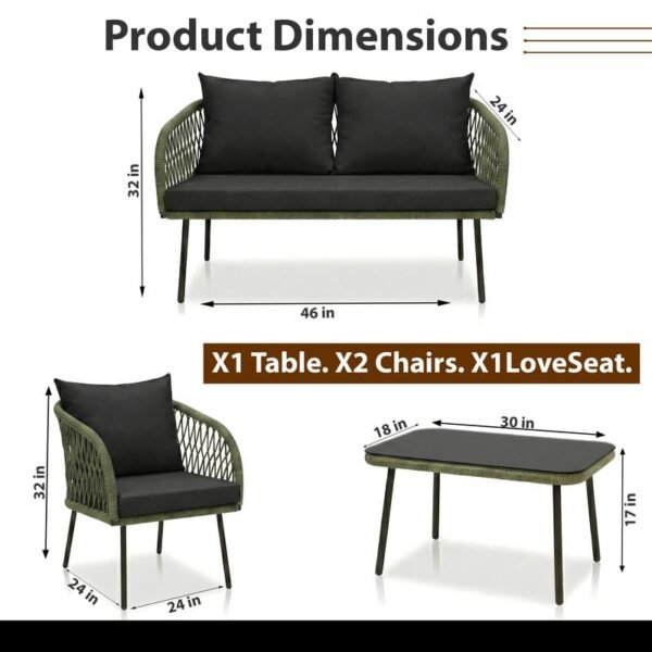 Loccus 4-Seater Outdoor Sofa Set with 2-Seater Loveseat, 2 Armchairs and Glass Top Table, Handwoven Rope Design, Water-Resistant Cushions, Green and Black.