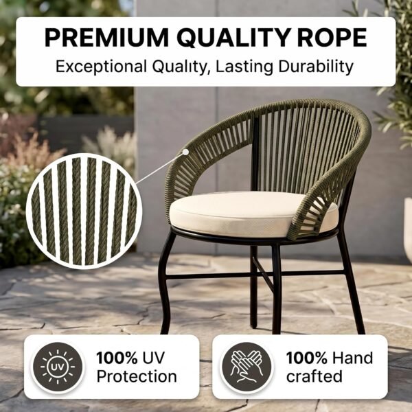Outdoor handwoven rope chair with cushioned seat, powder-coated metal frame, UV-resistant rope construction, and durable design for balcony, garden, terrace, patio, porch, lawn, and other outdoor spaces.
