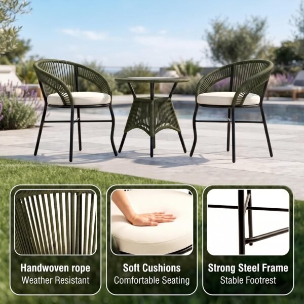 Loccus 3-Piece Outdoor Bistro Furniture Set – 2-Seater Woven Rope Patio Chairs with Cushions & Round Glass-Top Table for Balcony, Garden, Deck - Image 5